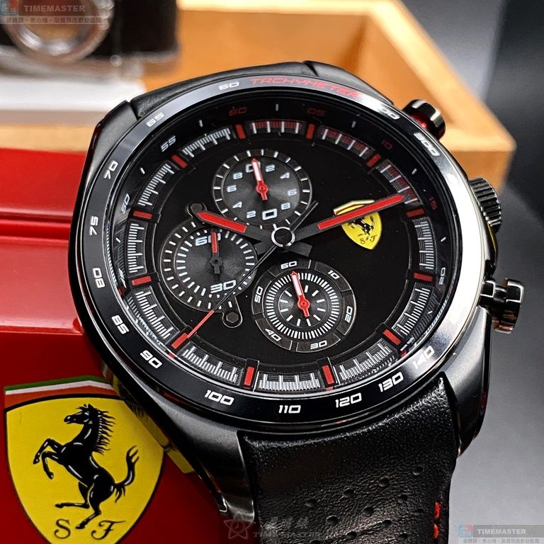 [星晴錶業]FERRARI手錶,46mm,FE00045黑色錶面黑錶殼深黑色真皮皮革錶帶款, , large