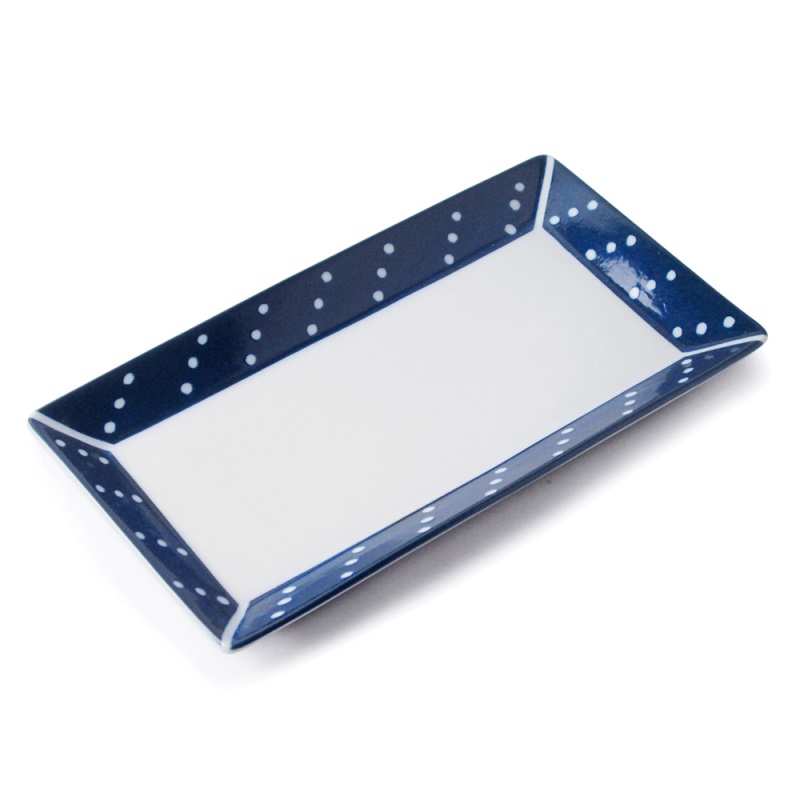 [豐名日本餐具] 9.0"輕量長角盤 藍底白水玉 有田燒 / C09PL6-100-EB, , large