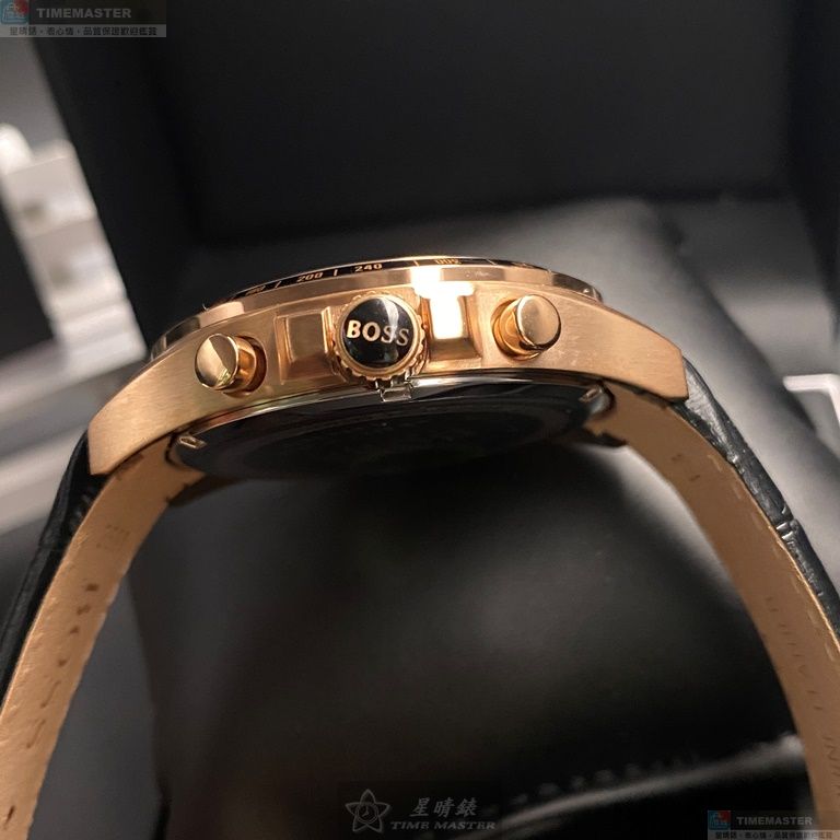 [星晴錶業]BOSS手錶,44mm,HB1513092黑色錶面玫瑰金錶殼深黑色真皮皮革錶帶款, , large