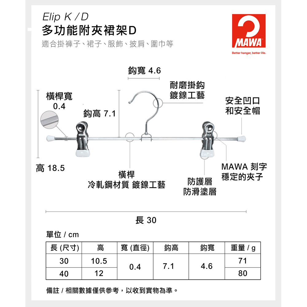 【德國MAWA】德國原裝進口 無痕止滑 時尚多功能裙褲夾30cm 20入/白, , large