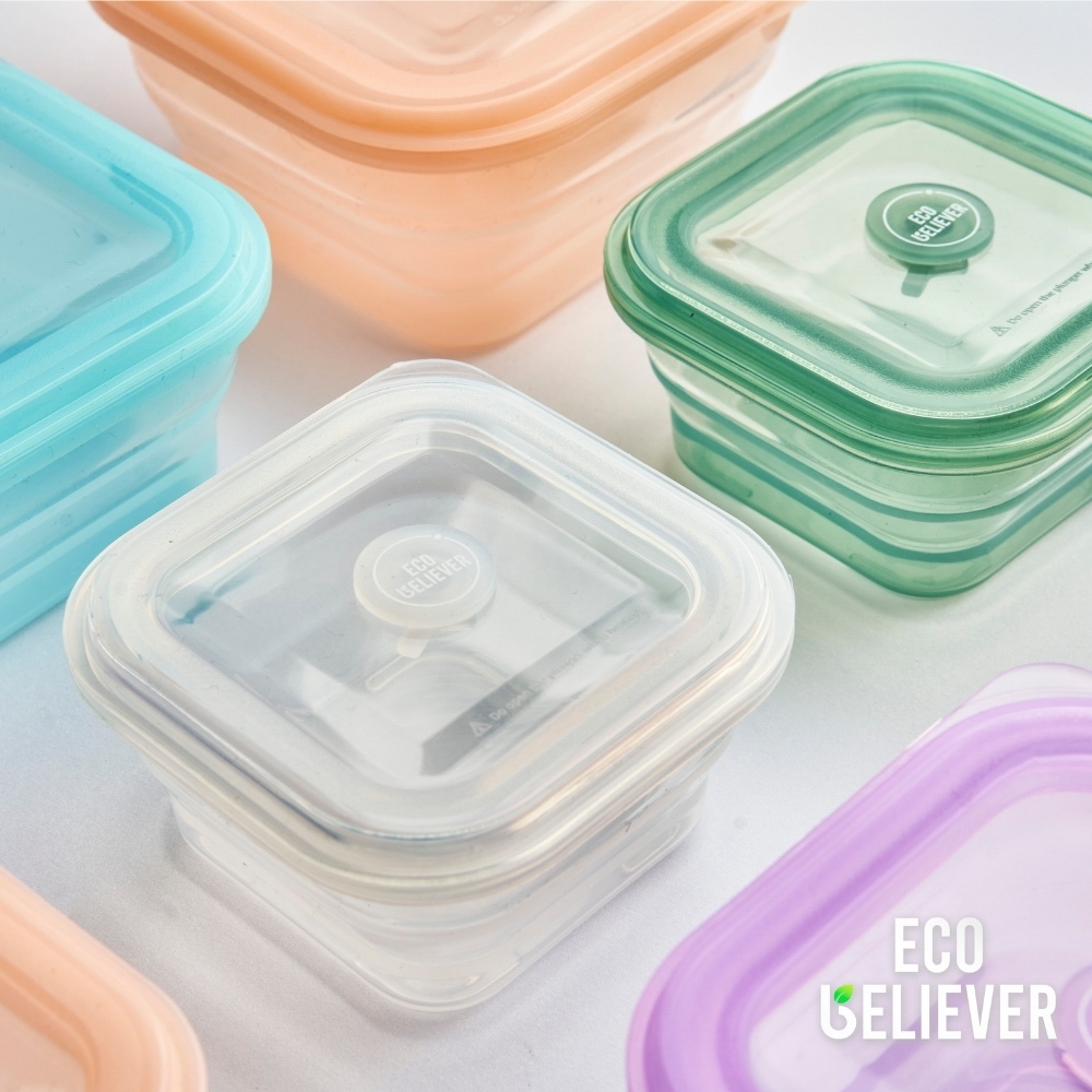 JC ECO BELIEVER Collapsible Silicone Food Storage Containers, BPA Free, Microwave, Freezer and Dishwasher Safe, Green 600ml, , large