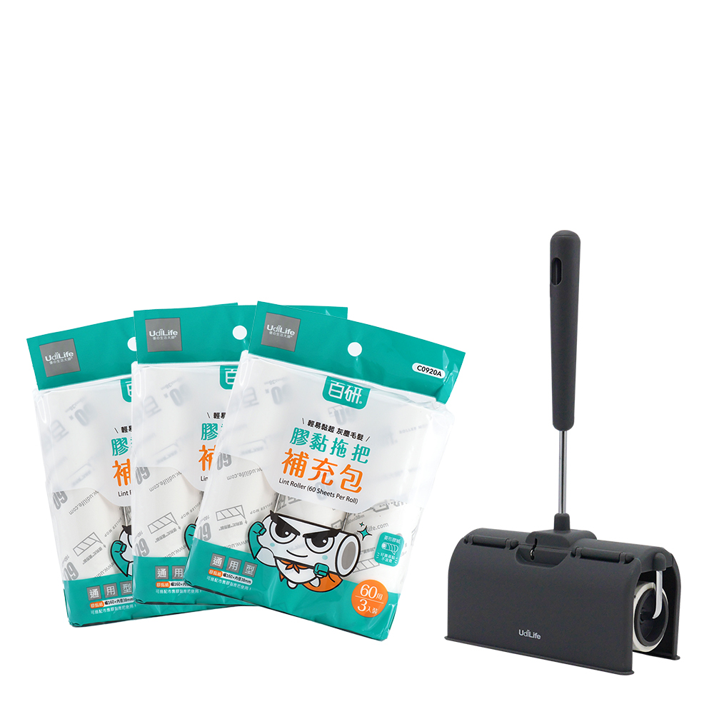 掀蓋式短柄膠黏拖把-60周-1支+百研/通用型膠黏補充包/60周-3入&times;3包-1組, , large
