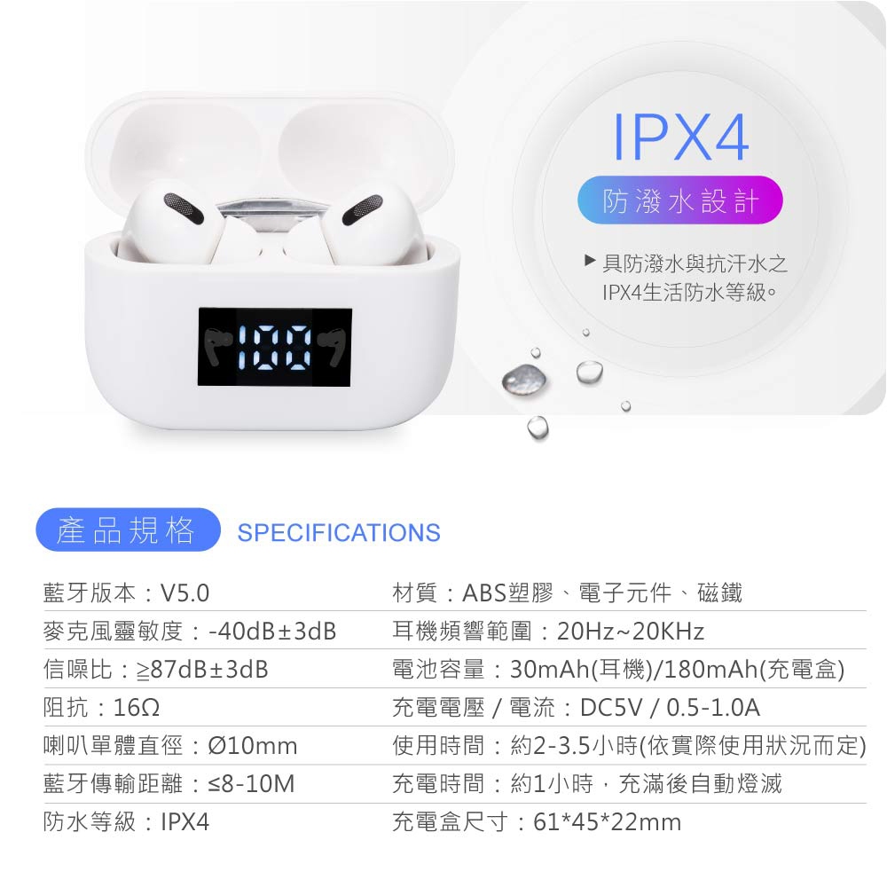 E-BOOKS SS34 True Wireless Classic Battery Display Bluetooth 5.0 Headphones Stable Connection LED Power Display, , large