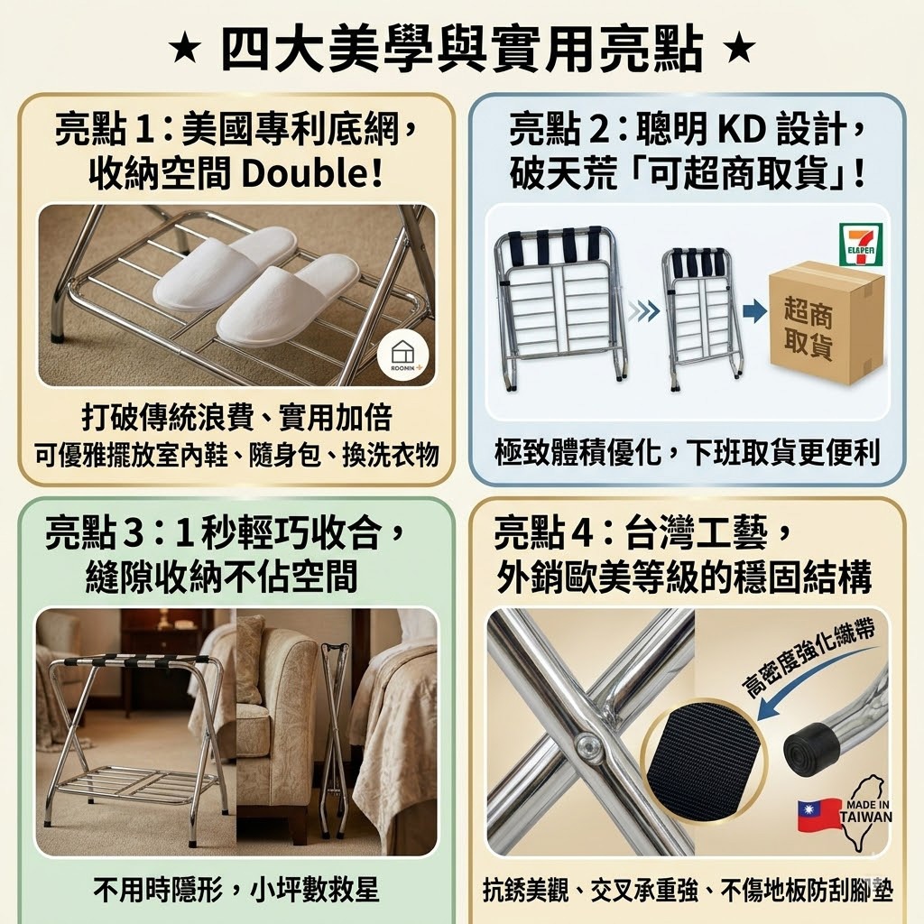 【Roomix】台灣製 折疊桌 行李架 飯店專用款 專利 雙層置物架 民宿 行李架 收納架 客房必備 附置鞋層, , large