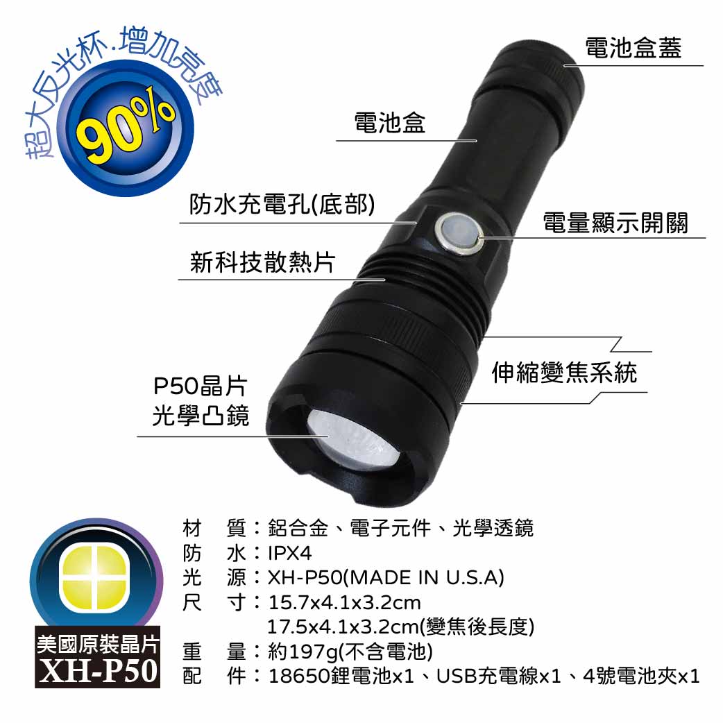 鉅玉經典｜50W-P50伸縮充電手電筒 附鋰電池+充電線+掛繩 HK-G753, , large