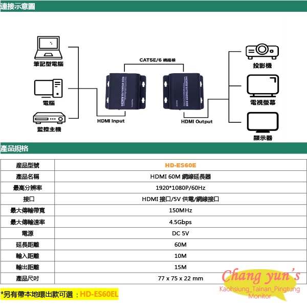 昌運監視器 HD-ES60E 60米HDMI網路延長器(以HD-ES65E新款出貨), , large