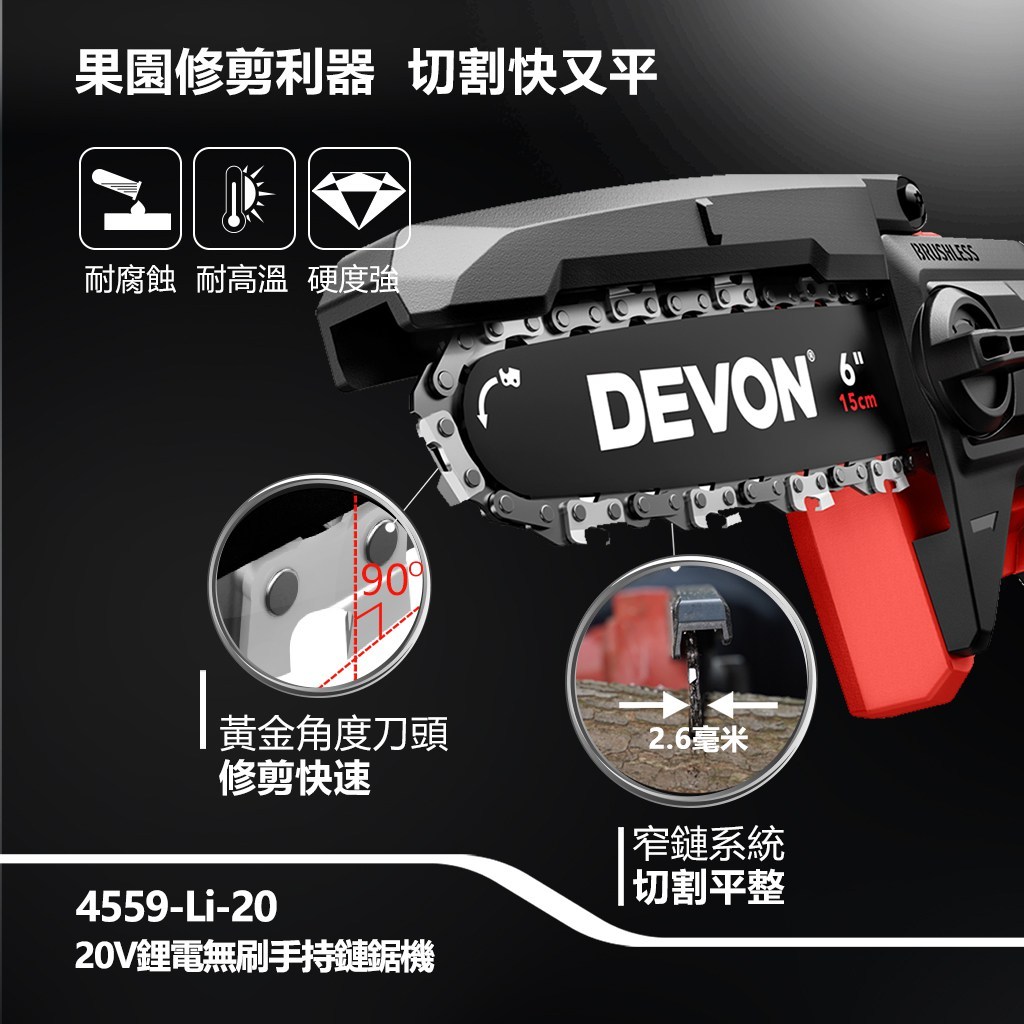 WIN五金 DEVON 大有 6吋 20V 無刷鏈鋸機 4559-Li-20(單主機) 修枝機 單手操作鋸樹 園藝工具, , large