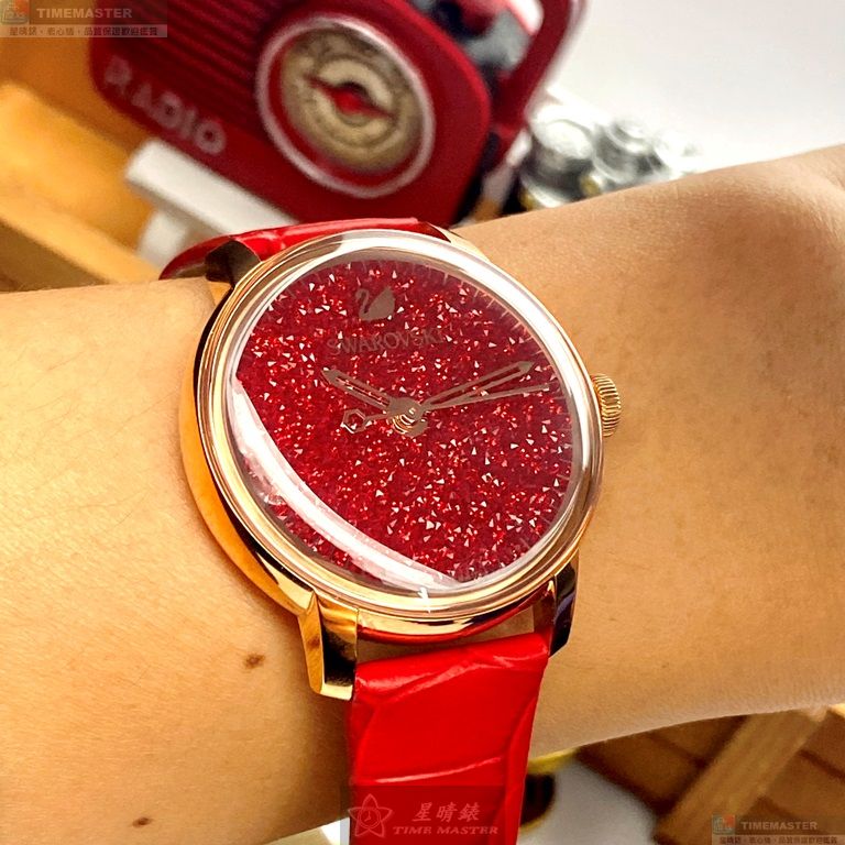 [星晴錶業]SWAROVSKI手錶,38mm,SW00005大紅色錶面玫瑰金錶殼大紅色真皮皮革錶帶款, , large