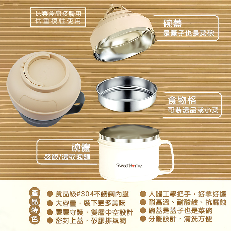 饗食304不鏽鋼三格餐碗+附內格層-1900ml-2入, , large
