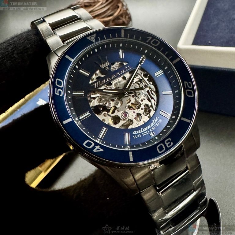 [星晴錶業]MASERATI手錶,44mm,R8823140015寶藍色雙面機械鏤空錶面槍灰色錶殼槍灰色精鋼錶帶款, , large