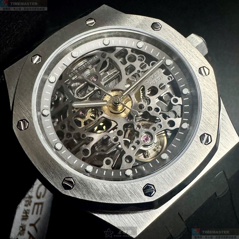 [星晴錶業]GEYA手錶,42mm,G78036GWKW雙面機械鏤空錶面銀錶殼深黑色真皮皮革錶帶款, , large