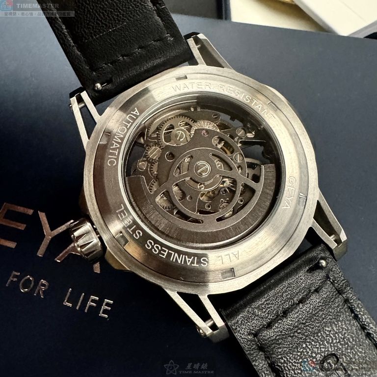 [星晴錶業]GEYA手錶,44mm,G78155GWK雙面機械鏤空錶面銀錶殼深黑色真皮皮革錶帶款, , large