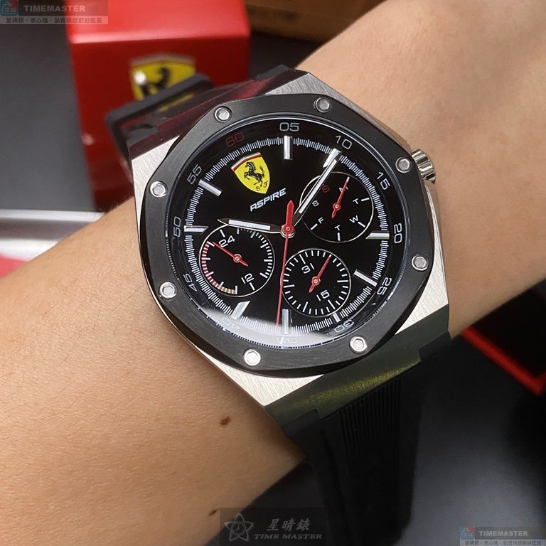 [星晴錶業]FERRARI手錶,42mm,FE00043黑色錶面銀錶殼深黑色矽膠錶帶款, , large