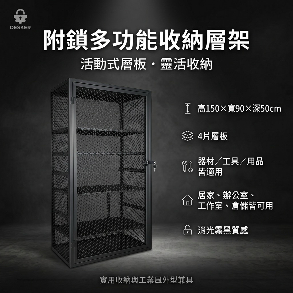 【 SHAONIANNA.TW 】活動式層板收納櫃 150x90x50｜消光霧黑｜4層可調｜器材收納層架｜一體成型免組裝｜穩固不搖晃｜可上鎖｜, , large