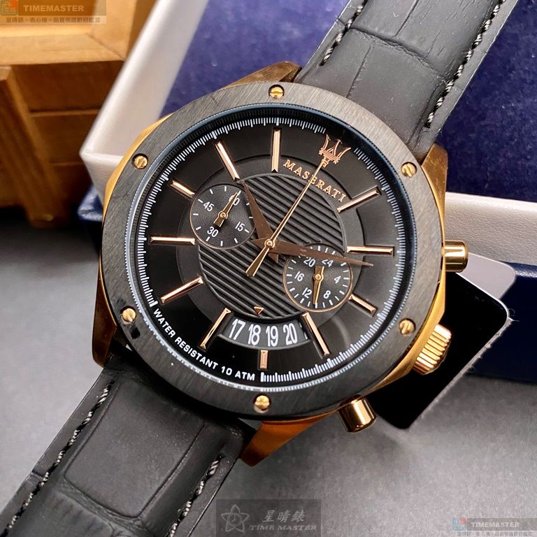 [星晴錶業]MASERATI手錶,46mm,R8871627001黑色錶面玫瑰金錶殼深黑色真皮皮革錶帶款, , large