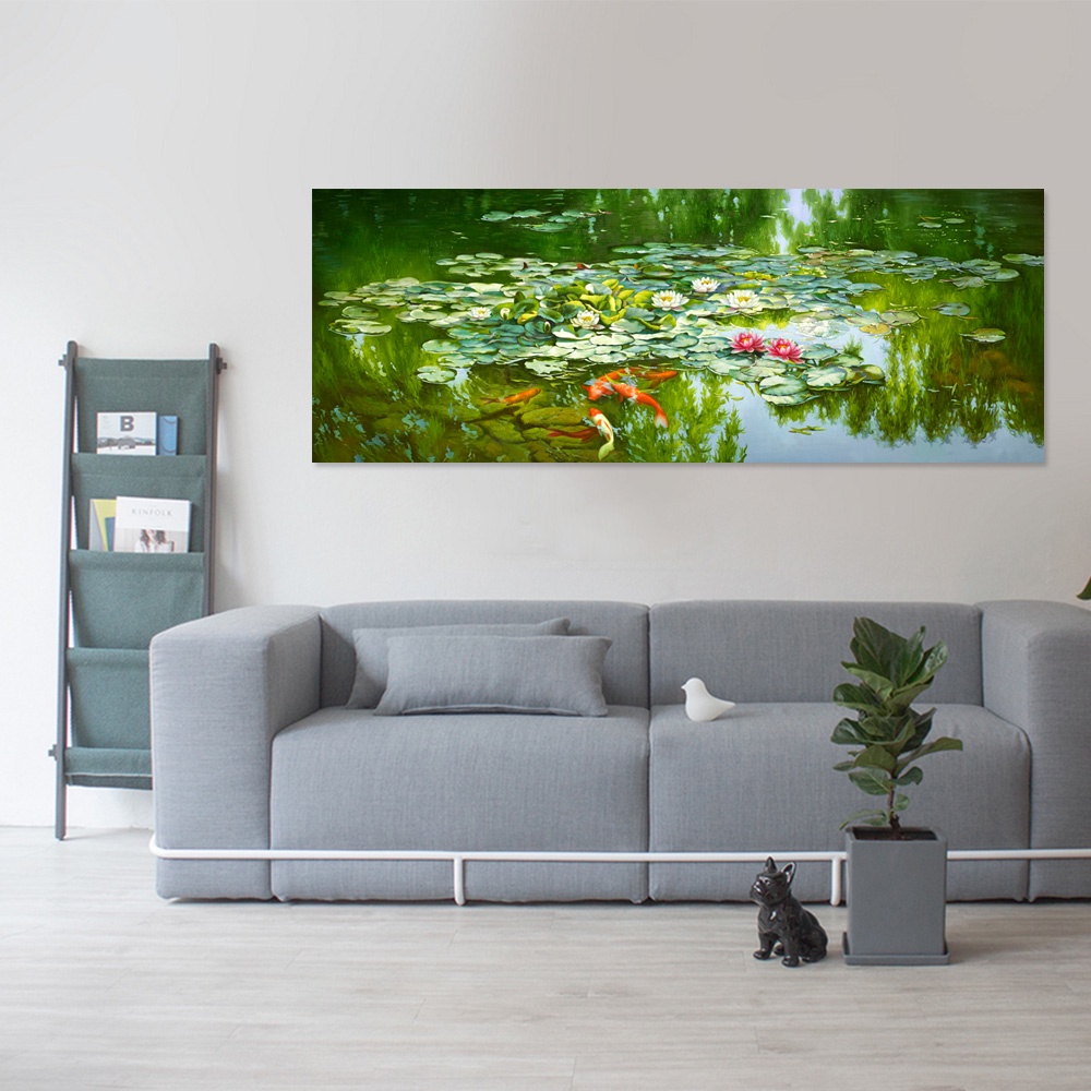 【御畫房】荷塘春色 國家一級畫師手繪油畫60&times;120cm(VF-38), , large
