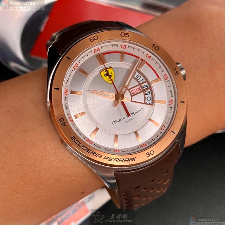 [星晴錶業]FERRARI手錶,46mm,FE00066白色錶面玫瑰金錶殼咖啡色真皮皮革錶帶款, , large