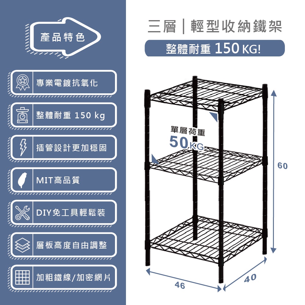 【KIWISH】46x40系列層架 三層 四層架 鐵力士架 居家收納架 (質感黑) 鐵架 層架 置物架 電器架 波浪架 收納架, , large