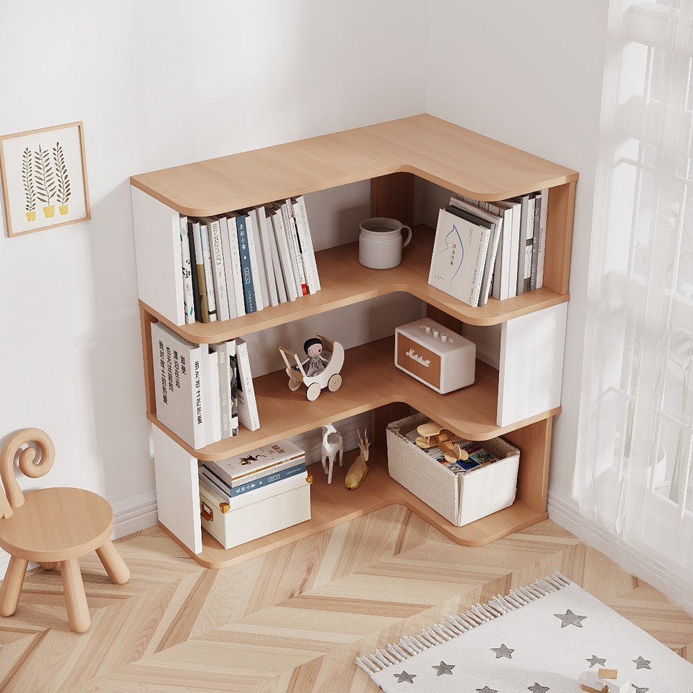 [Lele] L-shaped corner minimalist and practical bookshelf, two-tone natural wood + white, 3 shelves, 90x60 cm (solid wood bookshelf, shelf, storage rack), , large