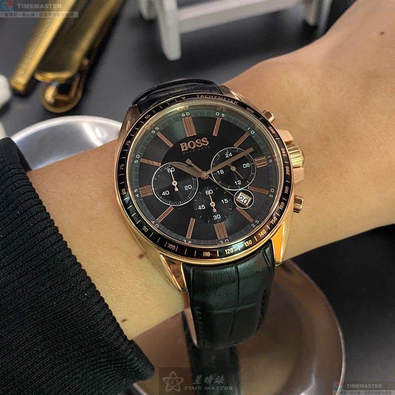 [星晴錶業]BOSS手錶,44mm,HB1513092黑色錶面玫瑰金錶殼深黑色真皮皮革錶帶款, , large