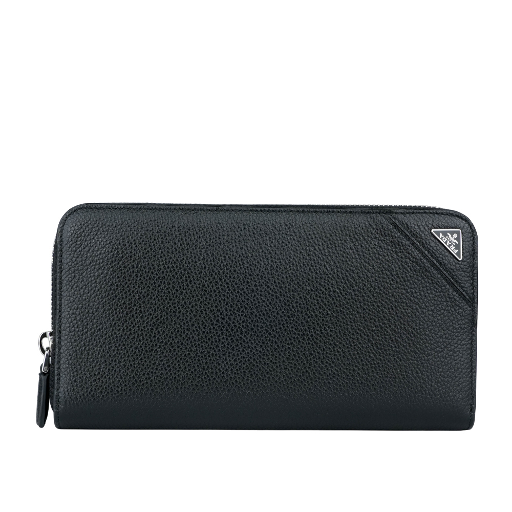 PRADA 銀色三角牌Logo 粒紋皮革ㄇ型拉鍊長夾/黑色, , large