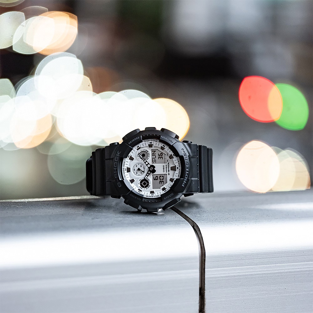 CASIO 卡西歐 G-SHOCK 黑白經典雙顯手錶 GA-100WD-1A, , large