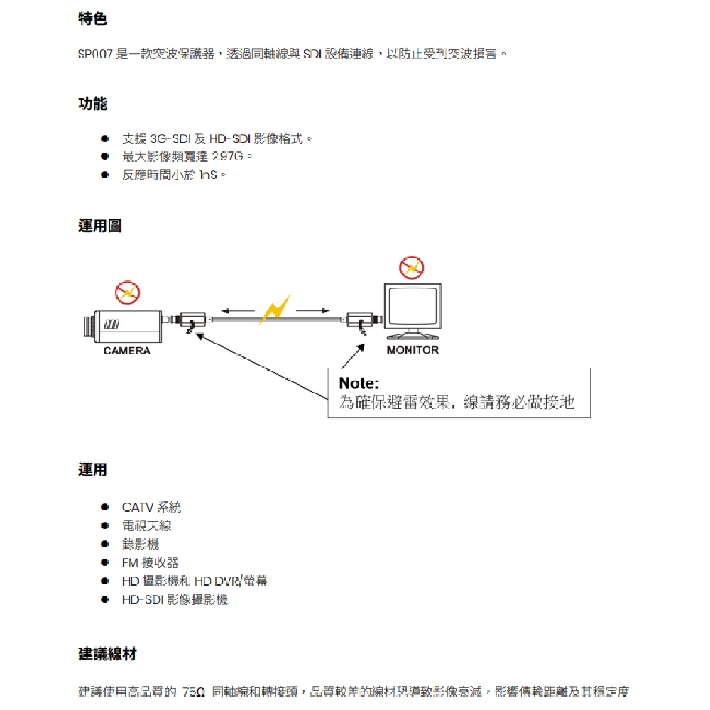 昌運監視器 SP007(15-SP10) 3G HD-SDI 避雷器 突波保護器 支援 3G-SDI及HD-SDI影像, , large