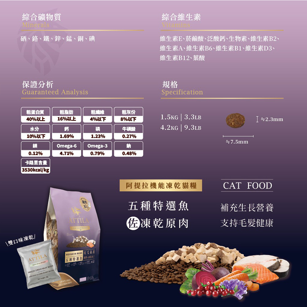 【ATTILA 阿提拉】機能凍乾貓糧 五種特選魚 皮毛養護1.5kg(全齡貓/貓飼料/無穀貓飼料), , large
