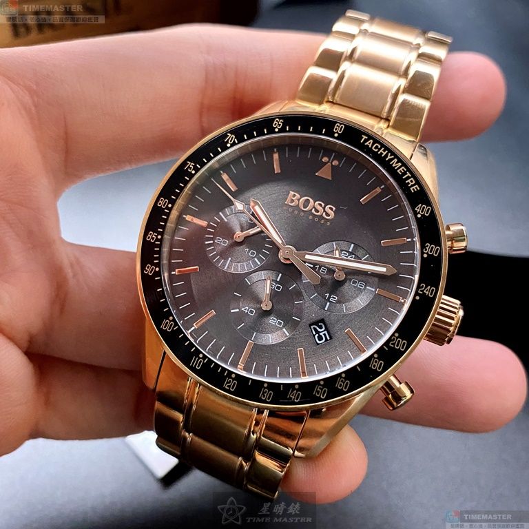 [星晴錶業]BOSS手錶,44mm,HB1513632黑色錶面玫瑰金錶殼玫瑰金色精鋼錶帶款, , large