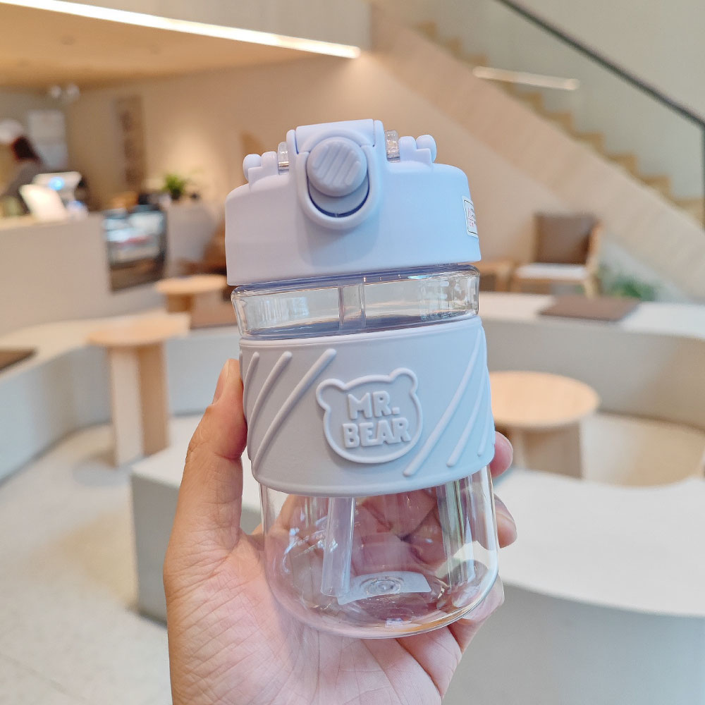 奶油小熊吸管隨身杯 500ml【多色可選】玻璃材質 隨行杯 小熊 吸管 手提功能 食品級材質 水壺 水瓶 水杯 玻璃杯 杯子, , large