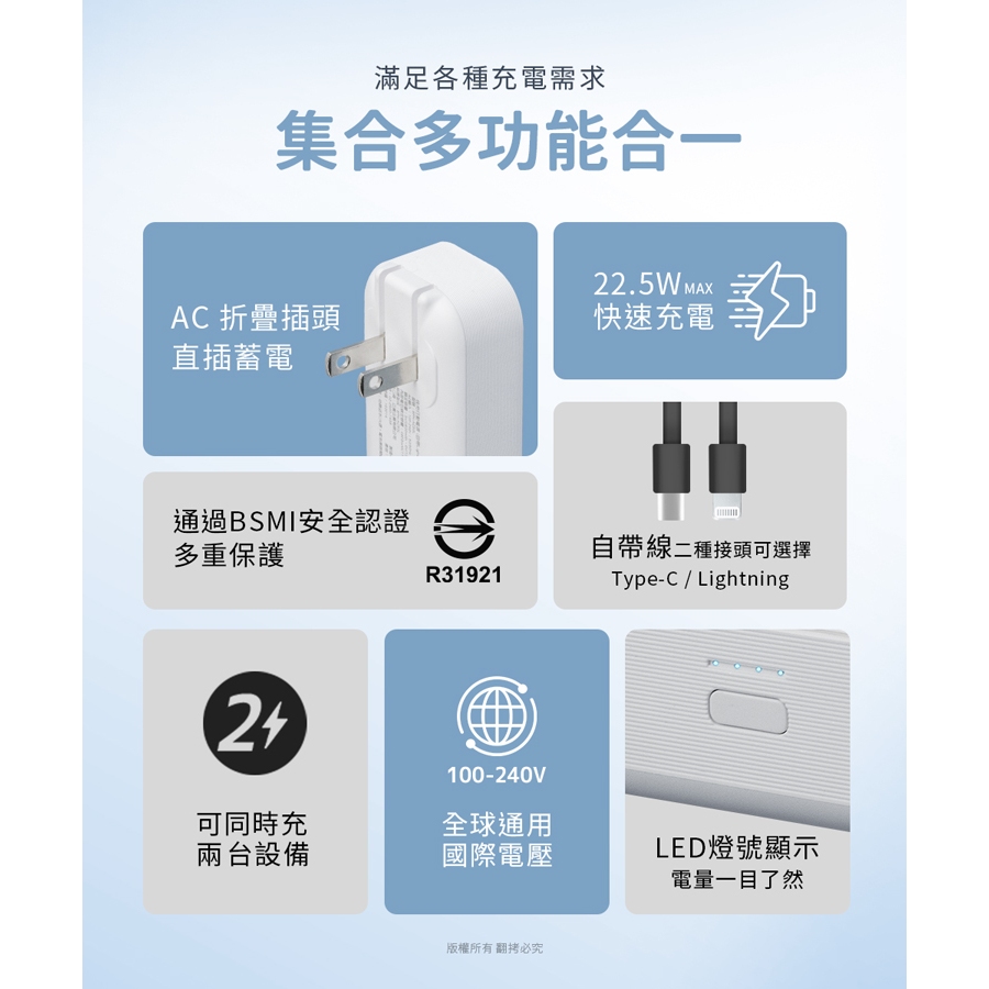 aibo 22.5W快充 二合一充電器行動電源【現貨】雙向快充 自帶線TYPE-C/Lightning 口袋行動電源, , large