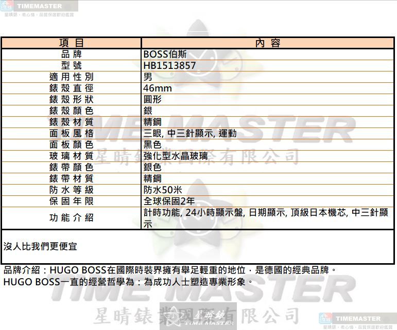 [星晴錶業]BOSS手錶,46mm,HB1513857黑色錶面銀錶殼銀色精鋼錶帶款, , large