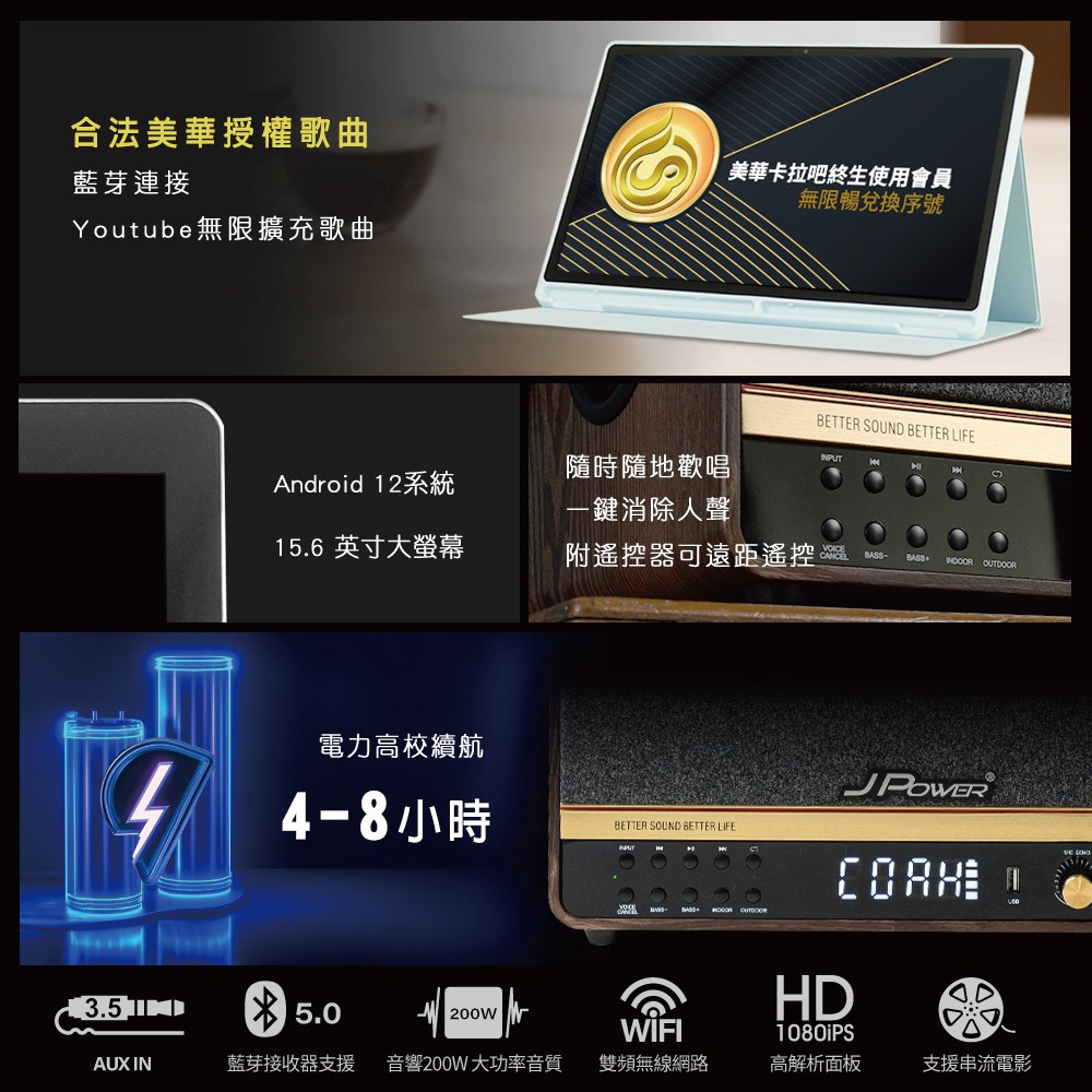 【J-POWER】SINGPAD 15.6吋美華終身版+5252.1實木重砲 卡拉OK 便攜式 無線麥克風 戶外露營, , large