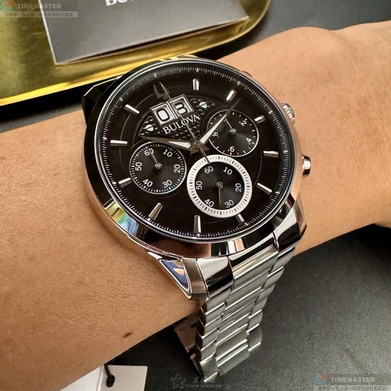 [星晴錶業]BULOVA手錶,44mm,BU00006黑色錶面銀錶殼銀色精鋼錶帶款, , large
