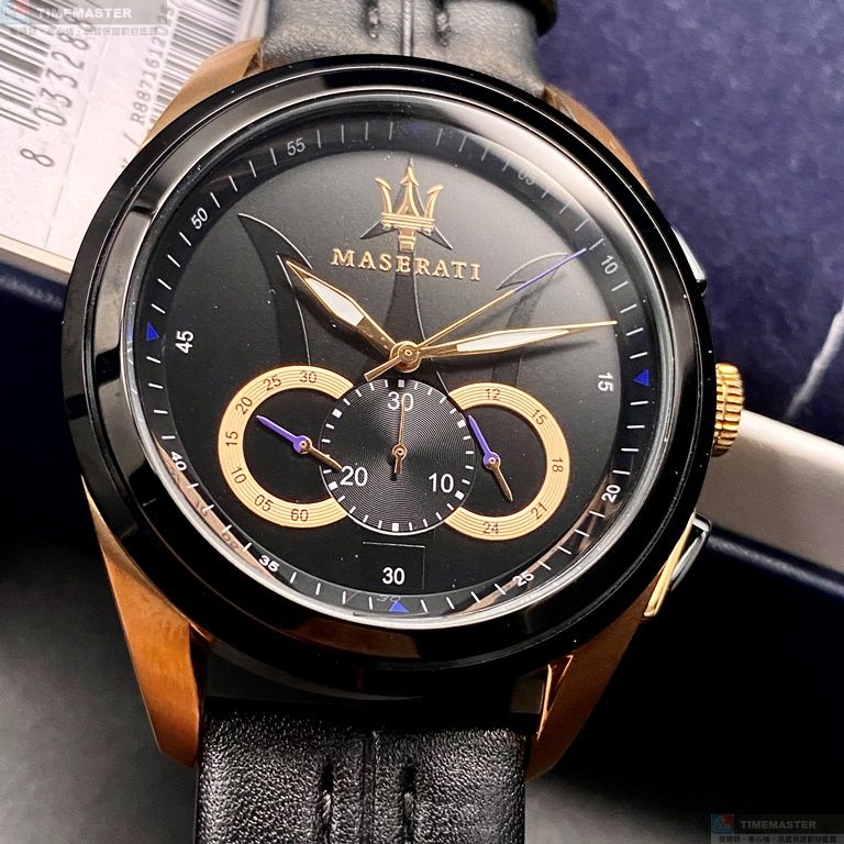 [星晴錶業]MASERATI手錶,46mm,R8871612025黑色錶面黑錶殼深黑色真皮皮革錶帶款, , large