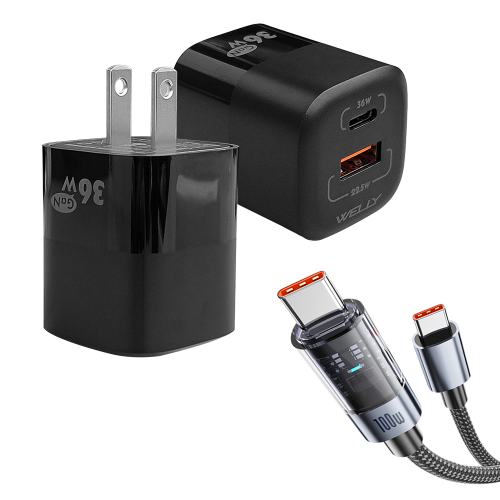 100W 極光芯 Type-C to Type-C 耐拉傳輸充電線+36W氮化鎵GaN 迷你雙孔充電器, , large