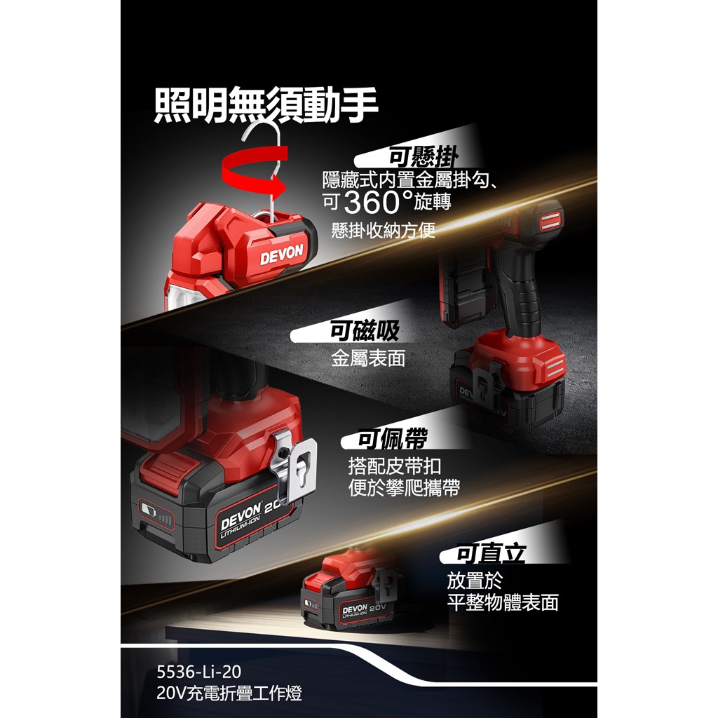 WIN五金 DEVON 大有 5536-Li-20 鋰電折疊檢修燈 270&deg;旋轉 180&deg;折疊 超強磁力 1000流明, , large