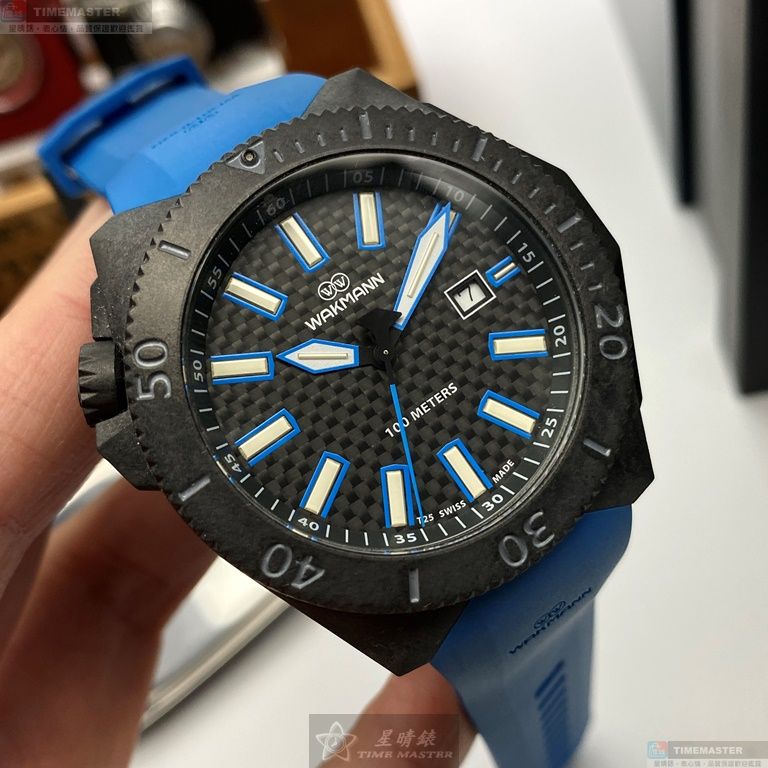 [星晴錶業]WAKMANN手錶,46mm,WA00004黑色幾何立體圖形錶面槍灰色錶殼寶藍矽膠錶帶款, , large
