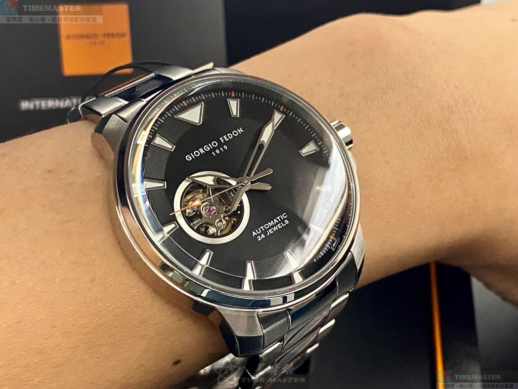 [星晴錶業]GiorgioFedon1919手錶,46mm,GF00109黑色雙面機械鏤空錶面銀錶殼銀色精鋼錶帶款, , large