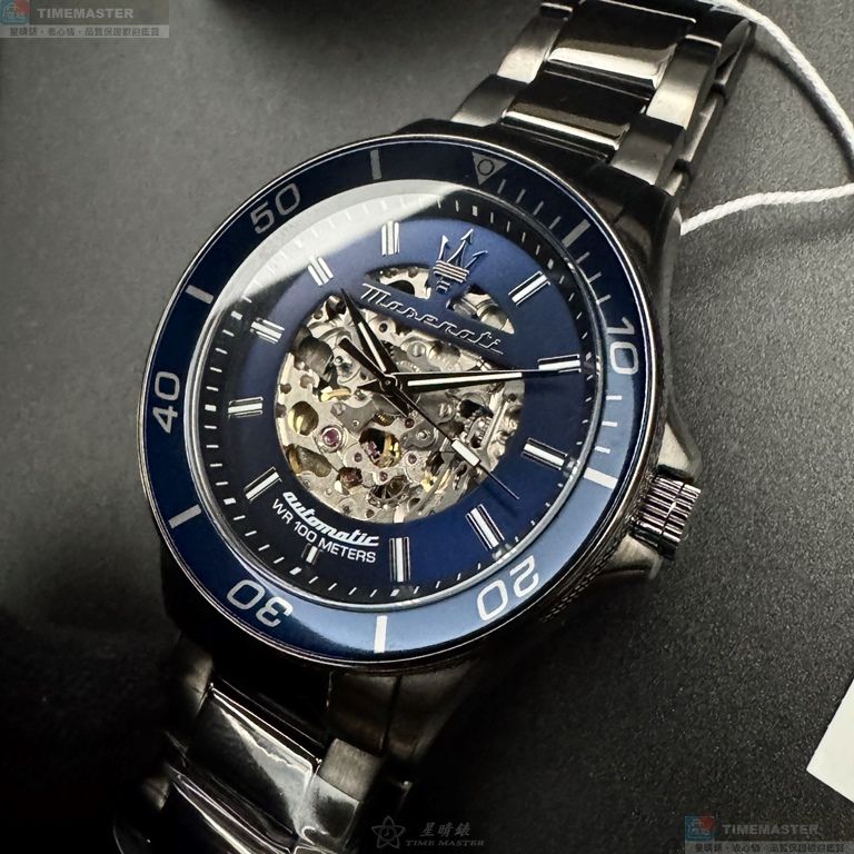 [星晴錶業]MASERATI手錶,44mm,R8823140015寶藍色雙面機械鏤空錶面槍灰色錶殼槍灰色精鋼錶帶款, , large