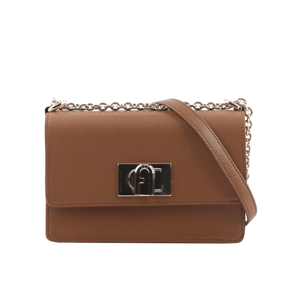FURLA 1927 拱門轉釦迷你翻蓋鏈帶二用包/白蘭地酒色, , large