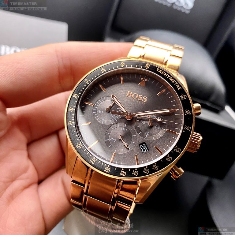[星晴錶業]BOSS手錶,44mm,HB1513632黑色錶面玫瑰金錶殼玫瑰金色精鋼錶帶款, , large