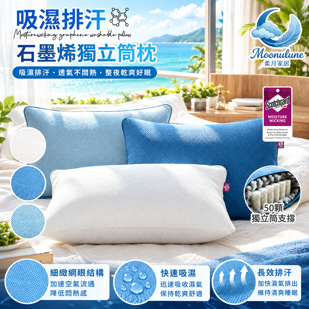 【Moonulune 柔月家居】台灣製 3M吸濕排汗石墨烯透氣彈力獨立筒枕/多色任選(枕頭/彈力枕/透氣枕), , large