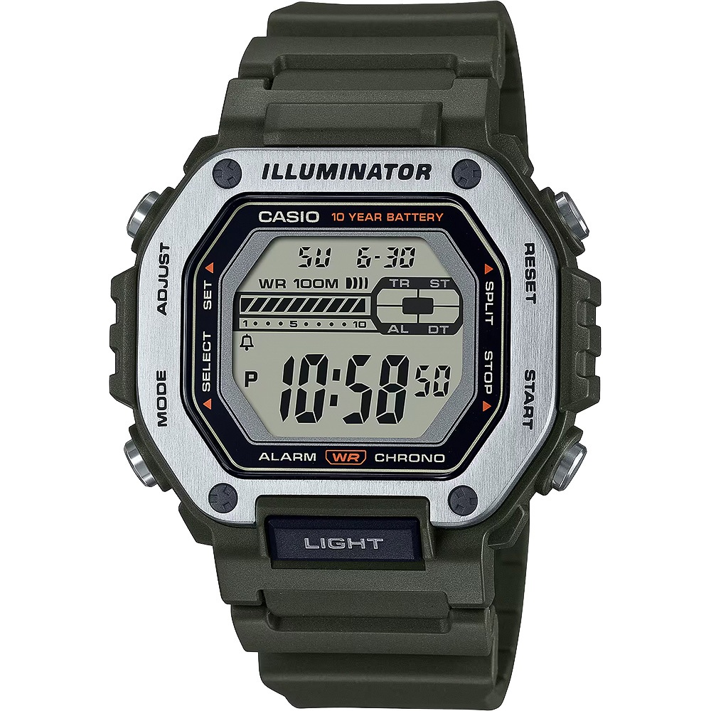 CASIO 卡西歐 10年電力金屬風計時手錶-綠 MWD-110H-3AV, , large