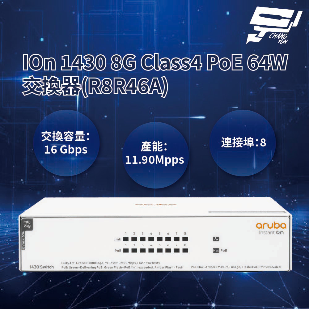 昌運監視器Aruba HPE IOn 1430 8G Class4 PoE 64W 交換器(R8R46A), , large