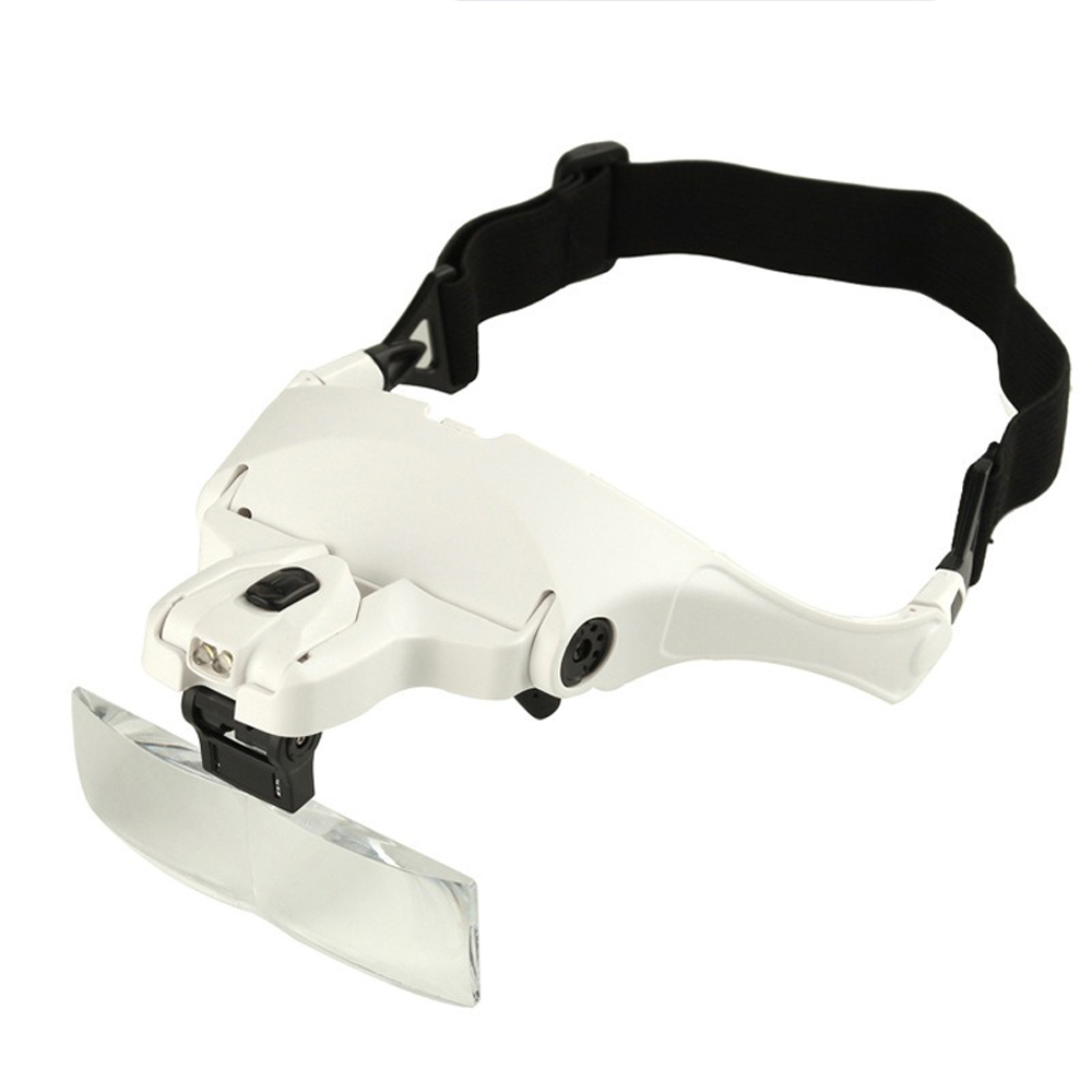 Multifunctional head-mounted magnifying glasses with 5 magnification options, LED illumination, and interchangeable frame and headband., , large