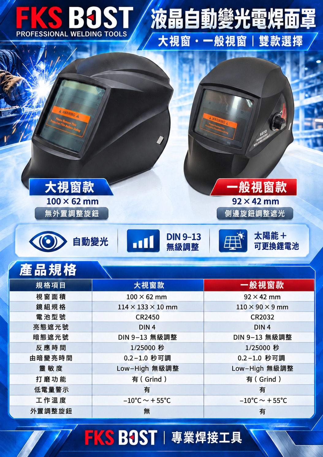 【WIN五金】FKS BOST 電焊面罩 自動變光 液晶面罩 焊接面罩 頭戴式 太陽能 加大視窗 DIN9-13 雙款, , large