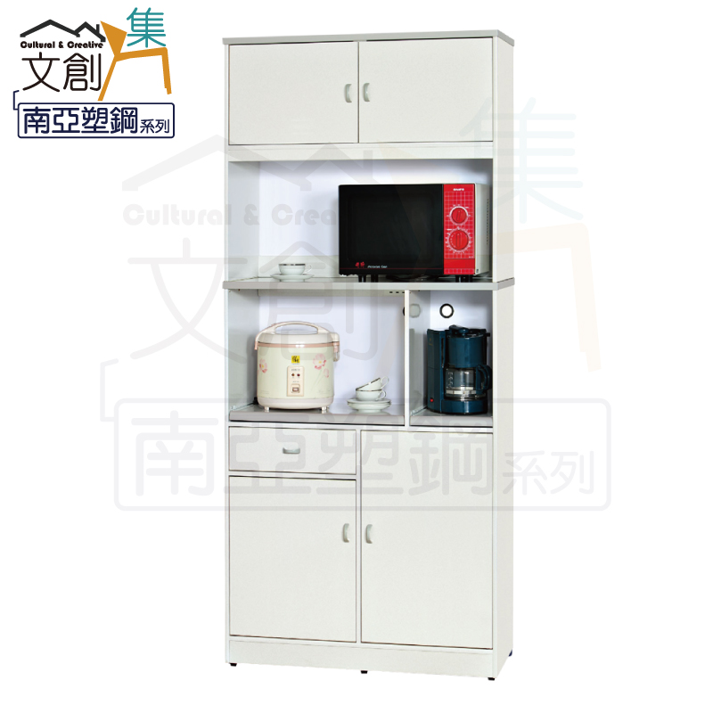 【文創集】波仕 環保3.2尺南亞塑鋼四門單抽層架高餐櫃/收納櫃組合(客約商品), , large