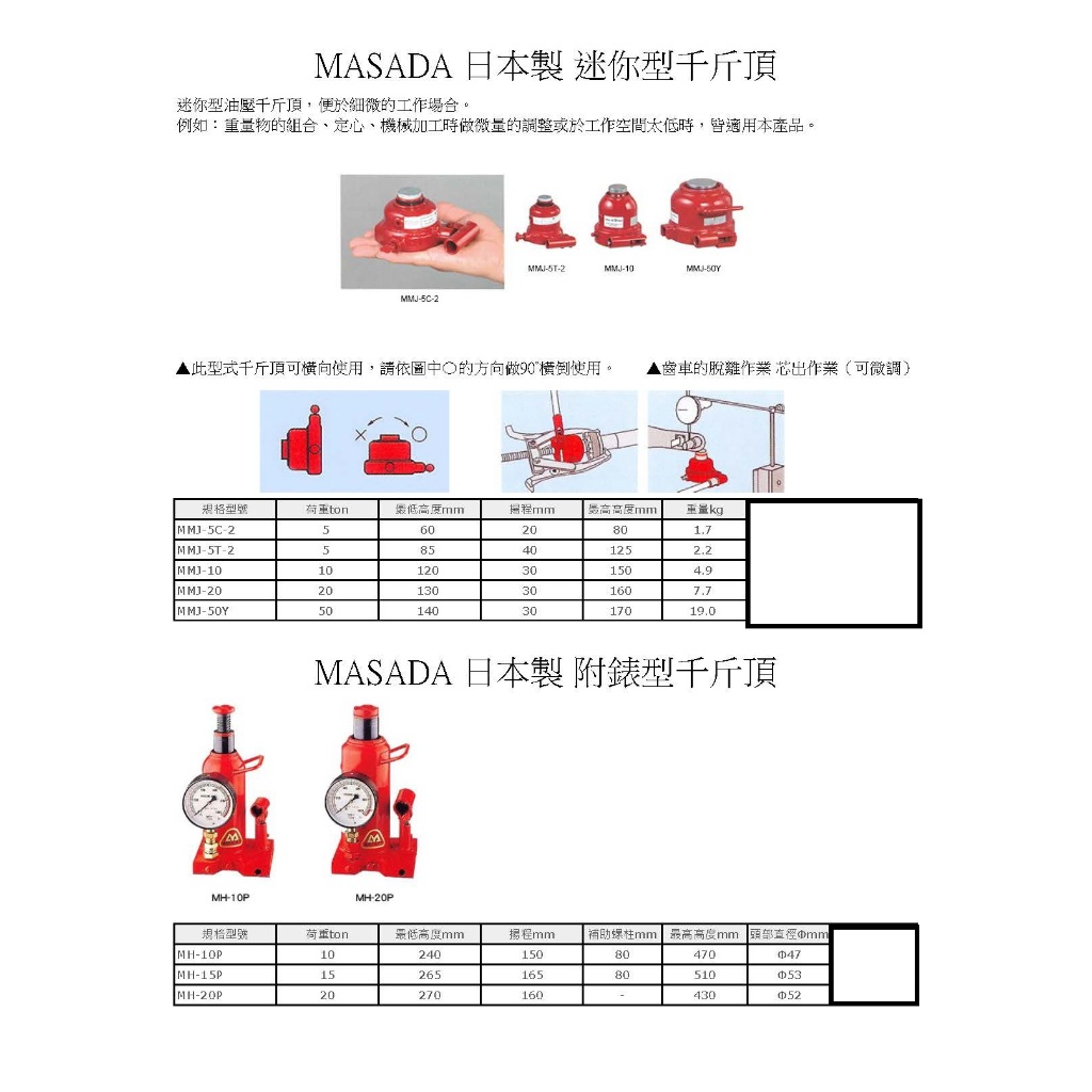 WIN五金 MASADA 日本製 迷你型千斤頂 <10T千斤頂> 低型千斤頂 頂高機 機台搬運 小鐵人 迷你千斤頂 搬移機台, , large