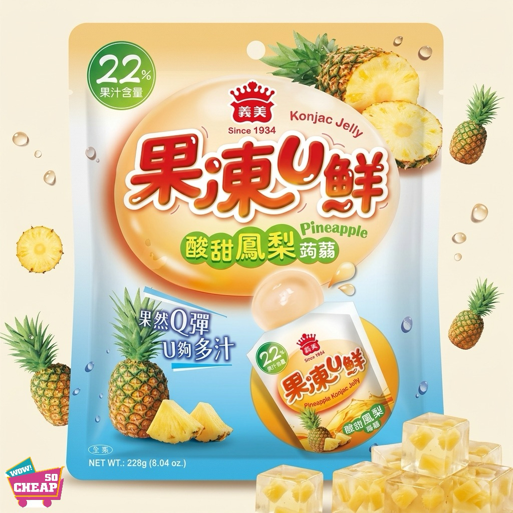 義美 果凍U鮮-酸甜鳳梨蒟蒻228克x2包, , large